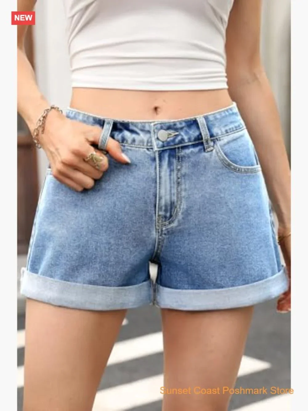 Low Rise Baggy Denim Shorts Cuffed Hem Stretchy Loose Fit Jorts with Pockets